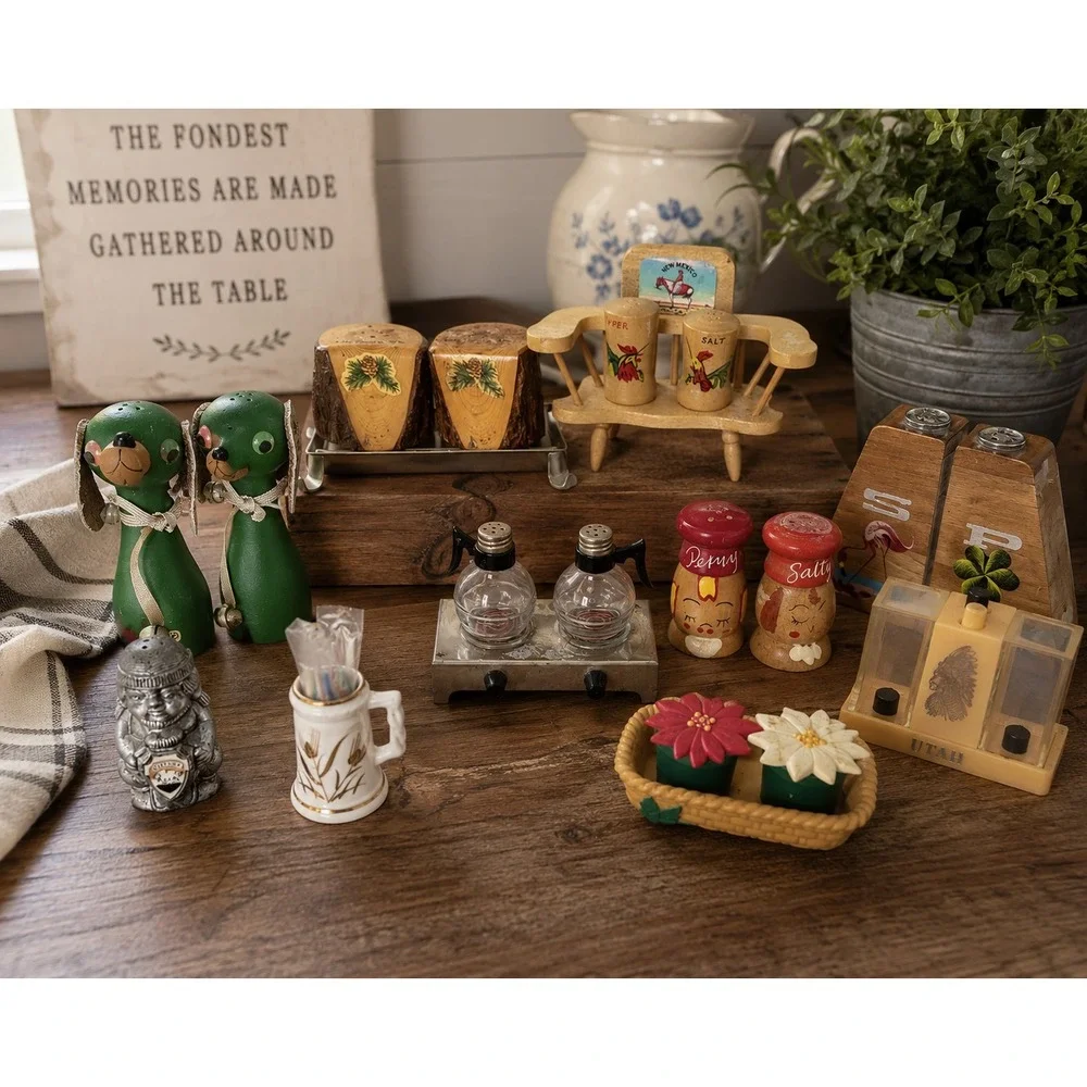 Vintage Salt & Pepper Shaker Lot 10 Sets Wood Glass Novelty Souvenir Collectible